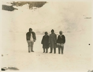 Image: Ah-mow-neddy, Ah-wee-a, Clay-ing-wa, Ah-tung-una, (Amaunalik Qaavigaq, Aviaq,  , and Atangana) dressed up standing on